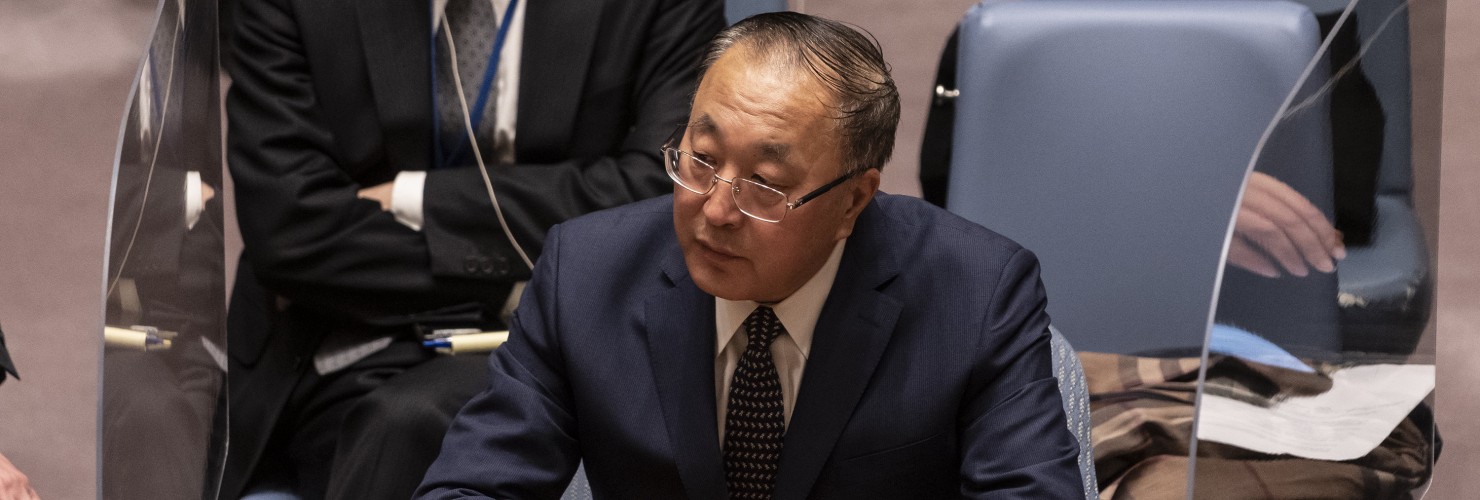 Permanent Representative of China to the UN Zhang Jun speaks during emergency SC meeting on situation on Ukraine-Russia borders at UN Headquarters. Emergency Security Council meeting was convened at the request of Ukraine after Russia officially recognized breakaway regions of Ukraine as independent countries and ordered troops into those regions.