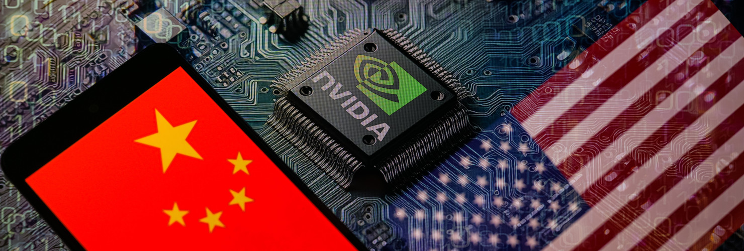 The flags of China and the USA are being displayed on a smartphone, with an NVIDIA chip visible in the background.