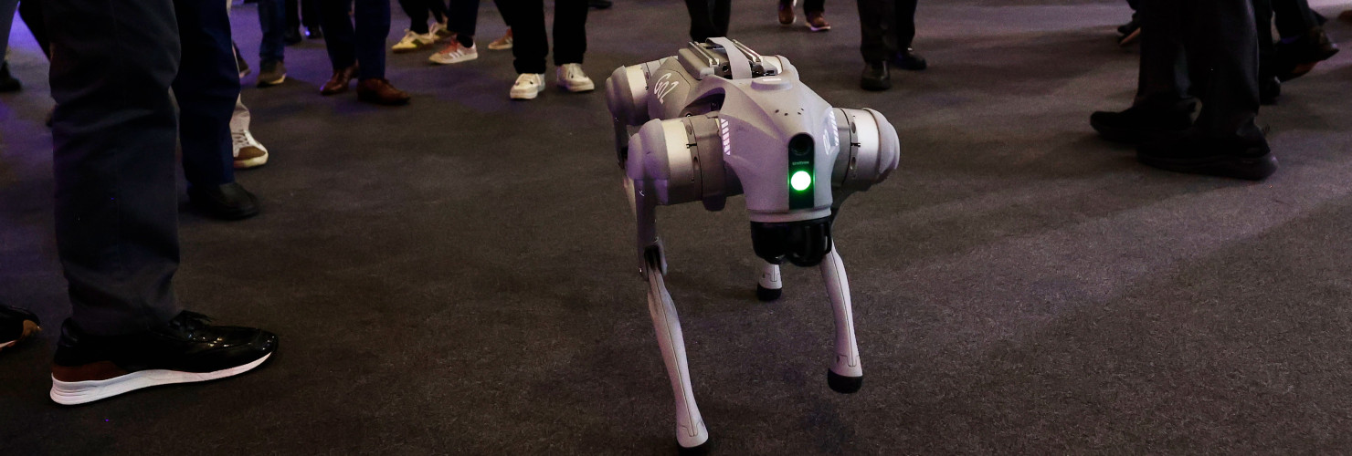 The Unitree Go2, a dog-inspired quadruped robot designed by the Chinese robotics company, is being showcased at the Mobile World Congress 2024 in Barcelona, Spain, on April 3, 2024.