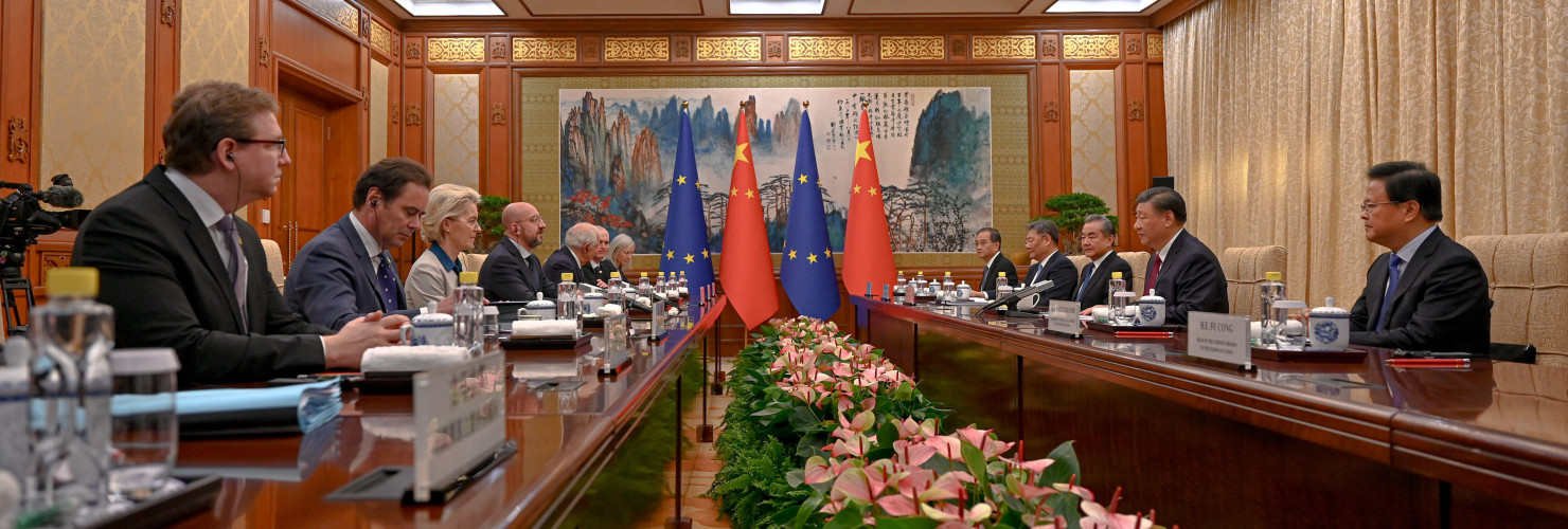 China, Beijing - December 7, 2023 EU-China Summit The 24th EUChina Summit takes place on 7 December 2023 in Beijing. Charles MICHEL, President of the European Council, Ursula VON DER LEYEN, President of the European Commission and Josep BORRELL, EU High Representative for Foreign Affairs and Security Policy, representing the EU meet with Jinping XI, President of China and Qiang LI, Premier of China. 