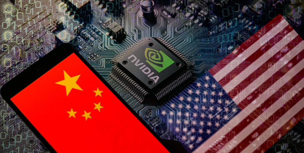 The flags of China and the USA are being displayed on a smartphone, with an NVIDIA chip visible in the background.