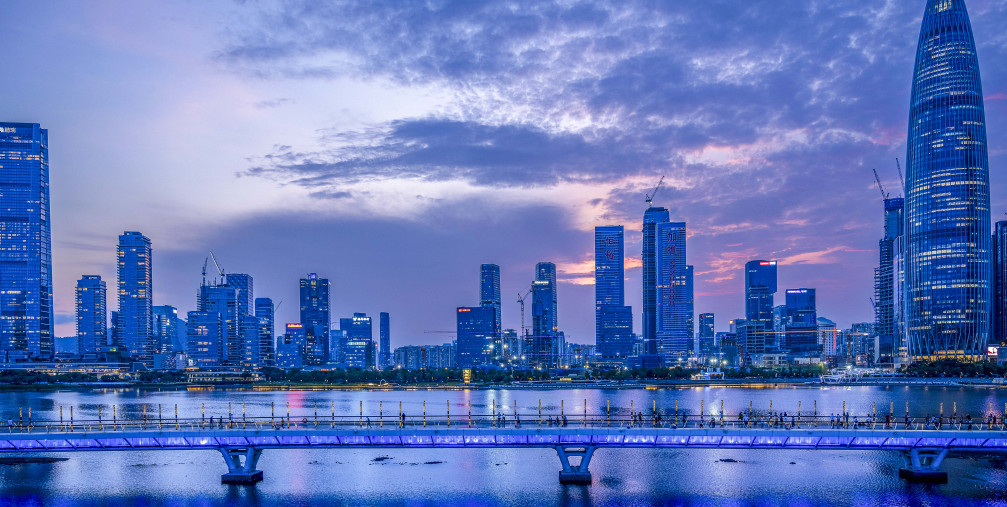 Skyscrapers are seen along the coast of Shenzhen, Guangdong province.