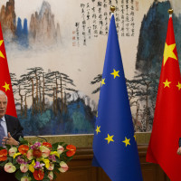 EU foreign policy chief Josep Borrell, left, and Chinese Foreign Minister Wang Yi attend a press conference following the EU-China High-Level Strate