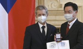 Czech Senate chairman Milos Vystrcil, left, handed Silver medal of Senate chairman to Taiwanese Foreign Affairs Minister Joseph Wu, right, on October 27, 2021, in Prague, Czech Republic.