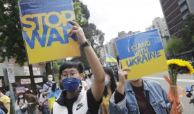 Ukrainian nationals in Taiwan and supporters protest against the invasion of Russia during a march in Taipei, Taiwan