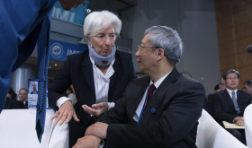 European Central Bank President Christine Lagarde speaks Governor of People's Bank of China (PBOC) Yi Gang 