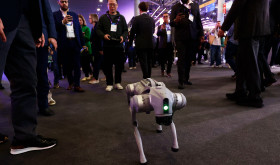 The Unitree Go2, a dog-inspired quadruped robot designed by the Chinese robotics company, is being showcased at the Mobile World Congress 2024 in Barcelona, Spain, on April 3, 2024.